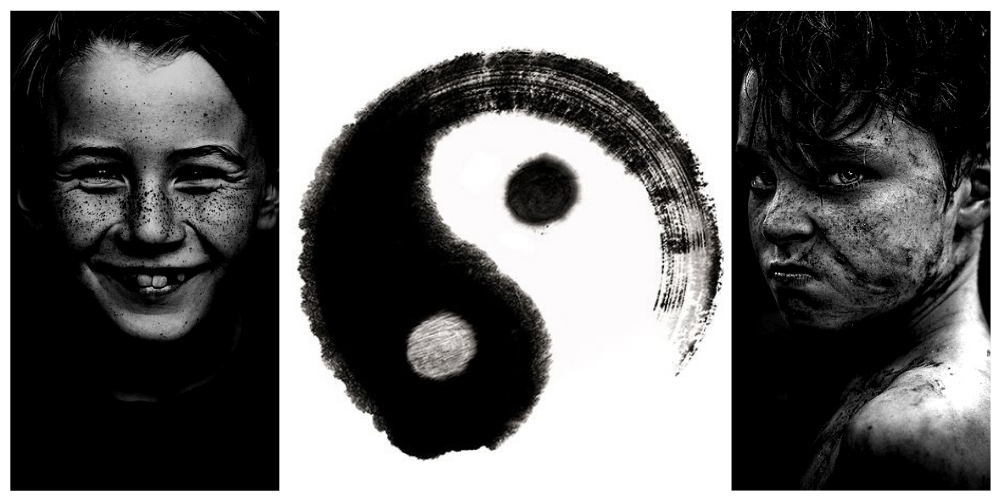 un ragazzo arrabbiato e uno felice divisi dal simbolo in e yang