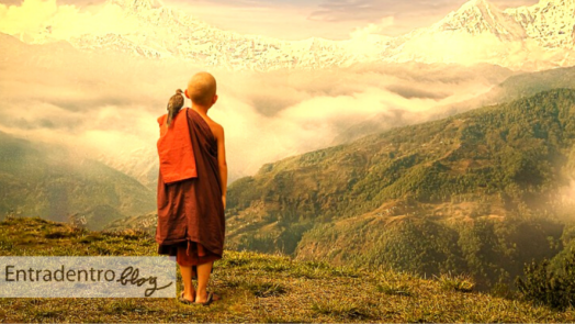 bambino monaco guarda le montagne